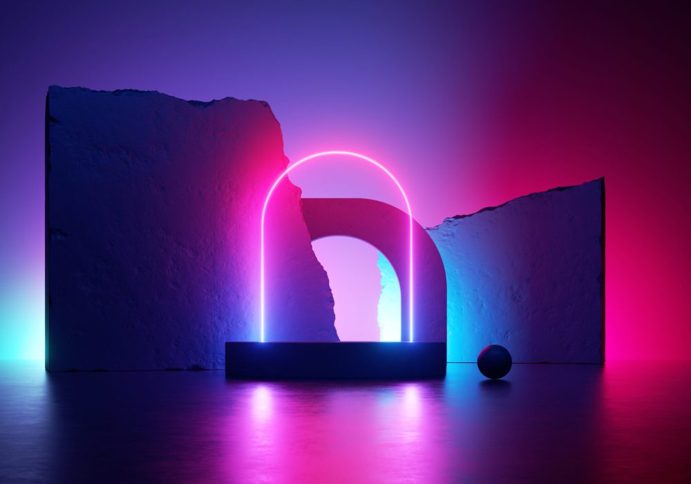 3d,Render,,Abstract,Pink,Blue,Neon,Background,With,Glowing,Arch